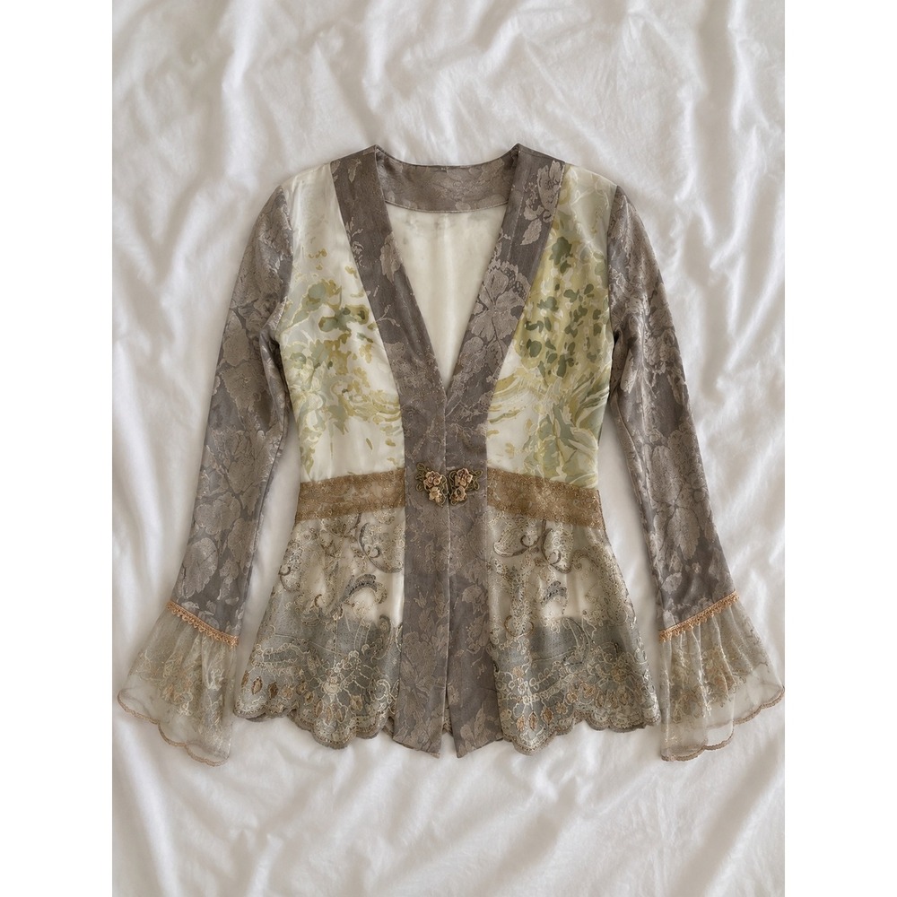 Vintage Spencer Alexis Top P/10 Jacquard Floral Lace Frog Closure Coquette Top